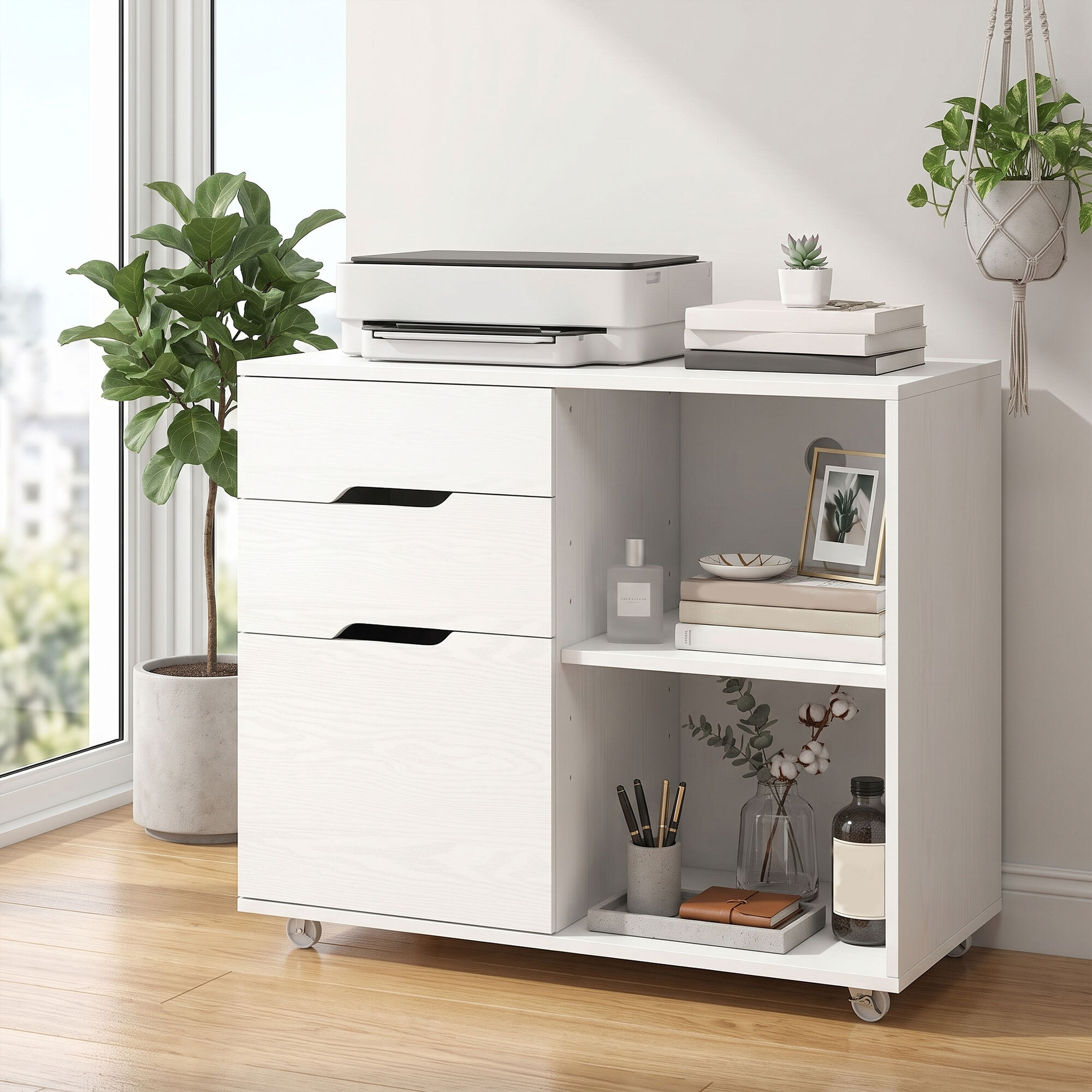 Mueble para Impresora con Ruedas, Mesa para Impresora con 3 Cajones, Barra Ajustable, 2 Estantes Abiertos y Asas, para Documentos Tamaño A4, Carta, Archivador Móvil para Oficina en Casa, Blanco