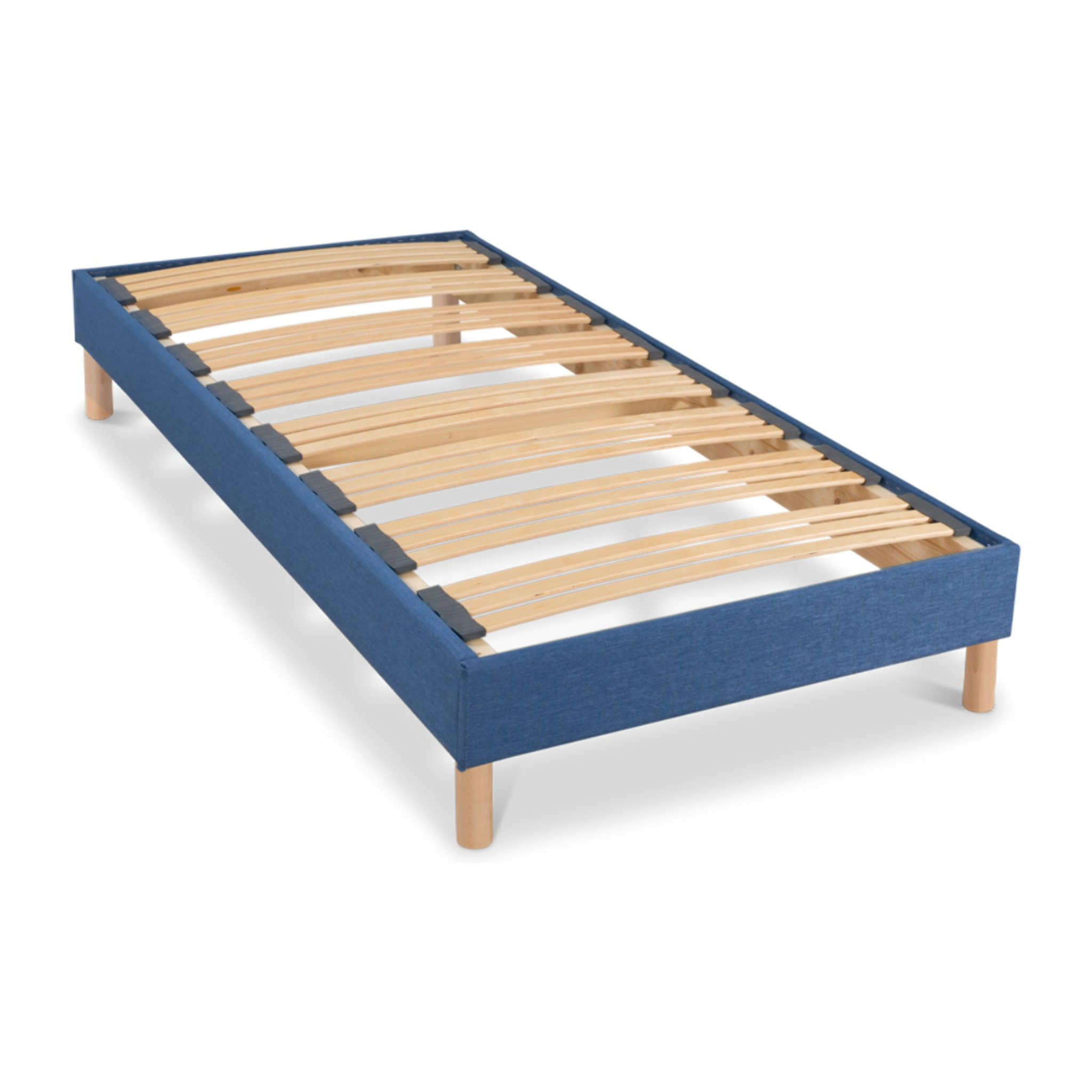 Sommier Lumière Technologie Tri-Lattes, tissu bleu marine, Bois Épicéa, H30 cm, Lattes Actives, Aération Optimale