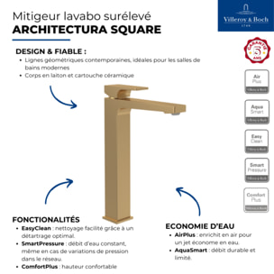 Mitigeur lavabo surélevé Architectura Square avec vidage Push Open Or brossé
