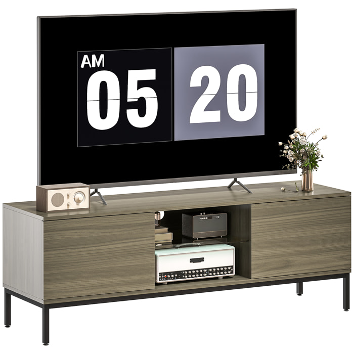 Mueble de TV Moderno Mueble de TV para Salón con 2 Compartimentos Abiertos 2 Puertas Estante de Cristal Ajustable y 2 Orificios para Cables para Televisión hasta 60 Pulgadas 140x40x49,5 cm Gris
