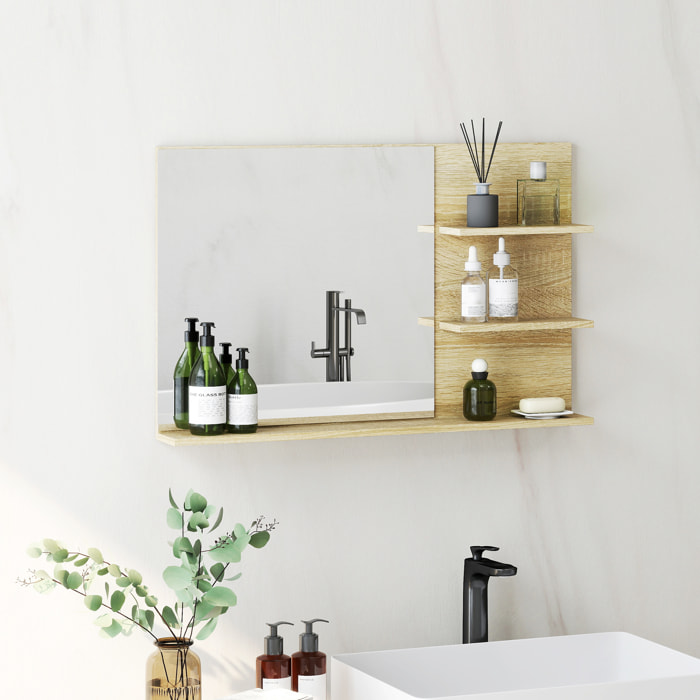 Espejo de Baño con 2 Estantes Laterales y Estante Inferior, Espejo de Pared, Estilo Moderno, para Entrada, Pasillo, 75x10x48 cm, Madera Natural