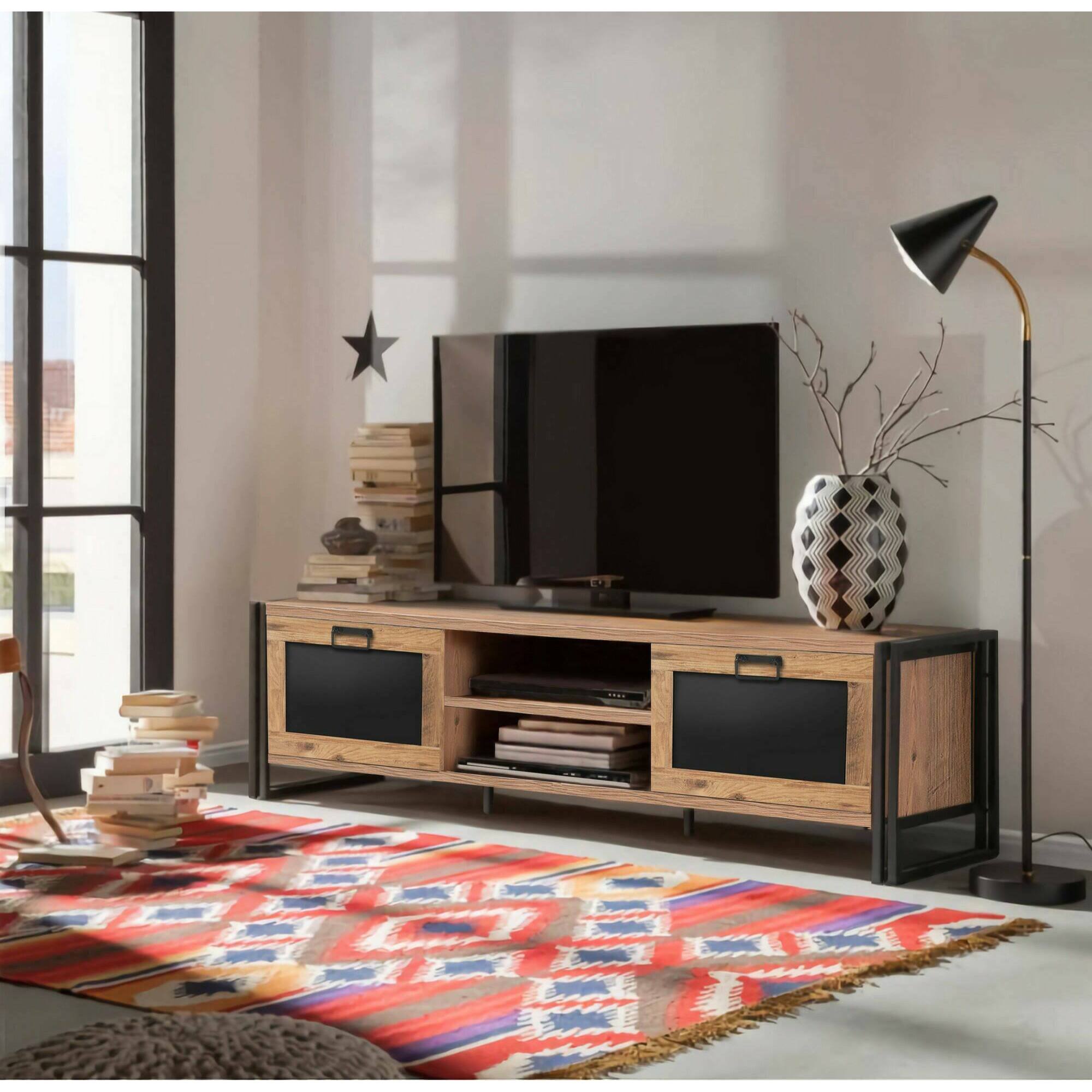 Mobile porta TV Dpetron, Credenza da soggiorno, Armadio basso per TV, Base parete attrezzata, 180x45h50 cm, Quercia e Nero