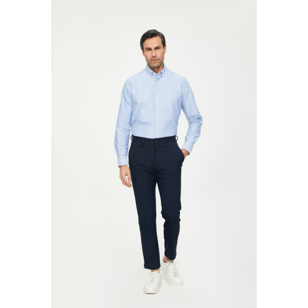 Camicia Uomo 1 Bottone Button Down Slim Oxford Lavato Unito Bluette