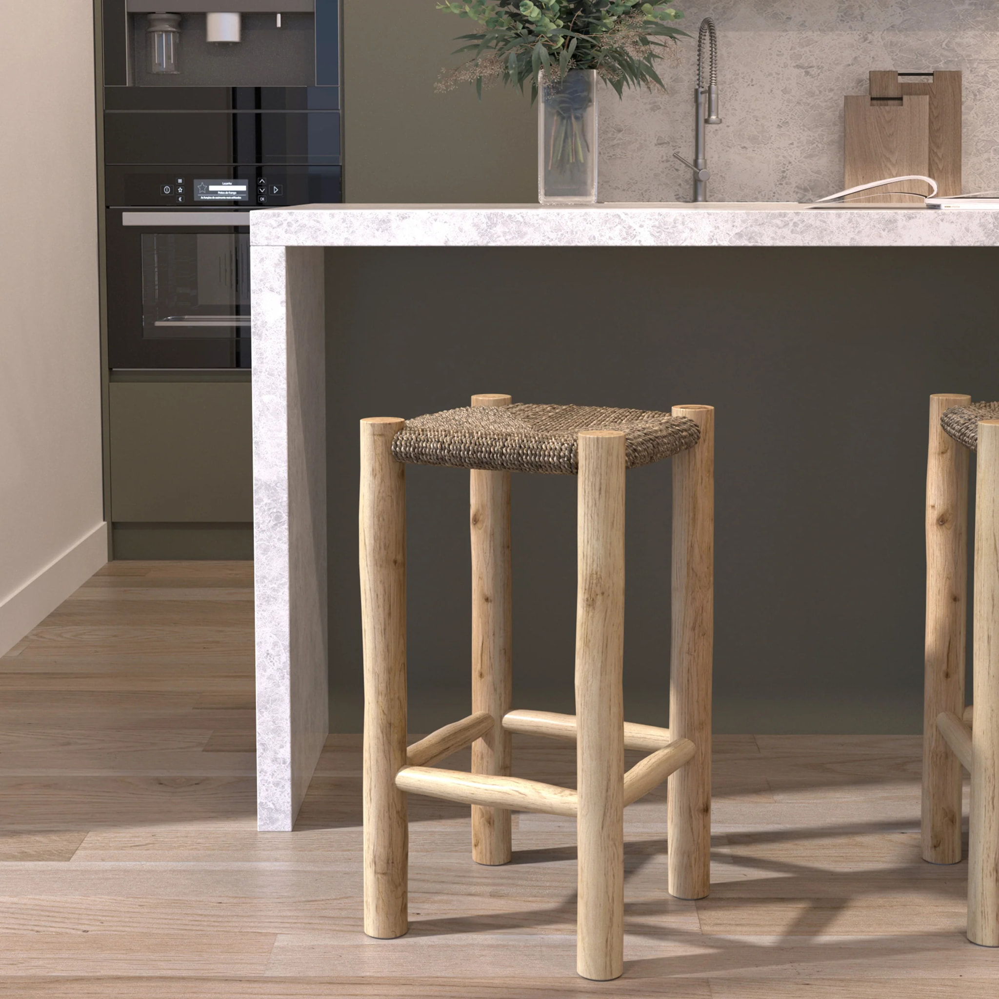 Tabouret pour îlot central 65 cm en jonc de mer et teck - Jovan