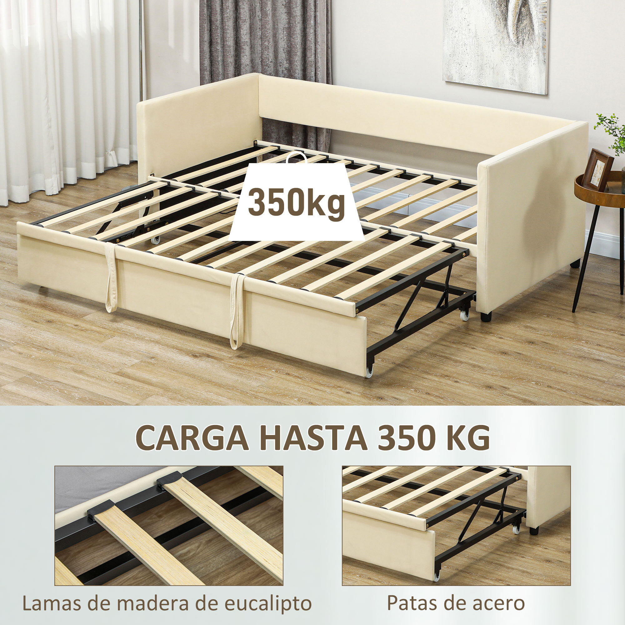 Cama Nido Tipo Diván 2 en 1 con Base Metálica Tapizado Suave y Cama Inferior Extraíble con Ruedas para Colchones de 90x190 cm Beige