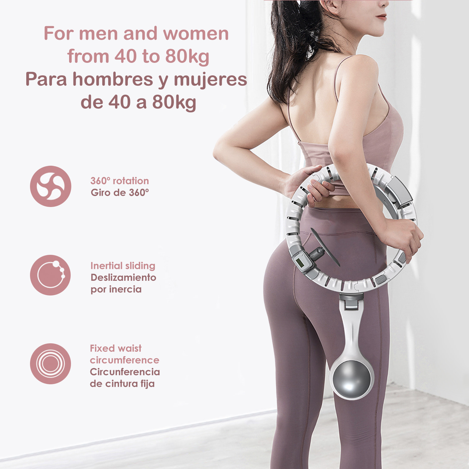 Aro de hula hoop T204 inteligente de fitness y musculación para la cintura. Para hombres y mujeres (40 a 80Kg). 3 secciones ajustables.