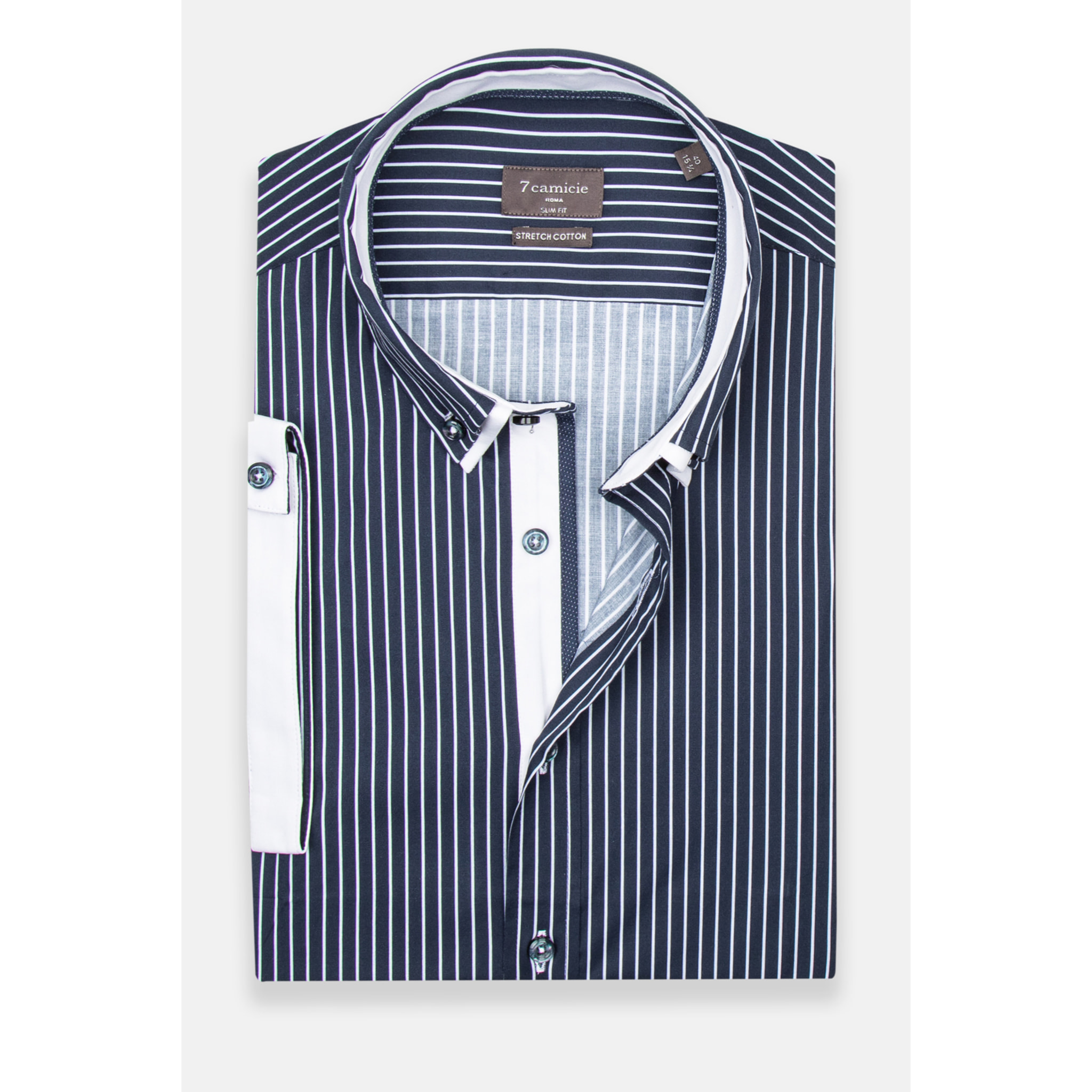 camicia uomo slim 1 bottone button down doppio collo Popeline Stretch Riga Media Blu\Bianco