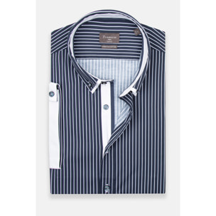 camicia uomo slim 1 bottone button down doppio collo Popeline Stretch Riga Media Blu\Bianco