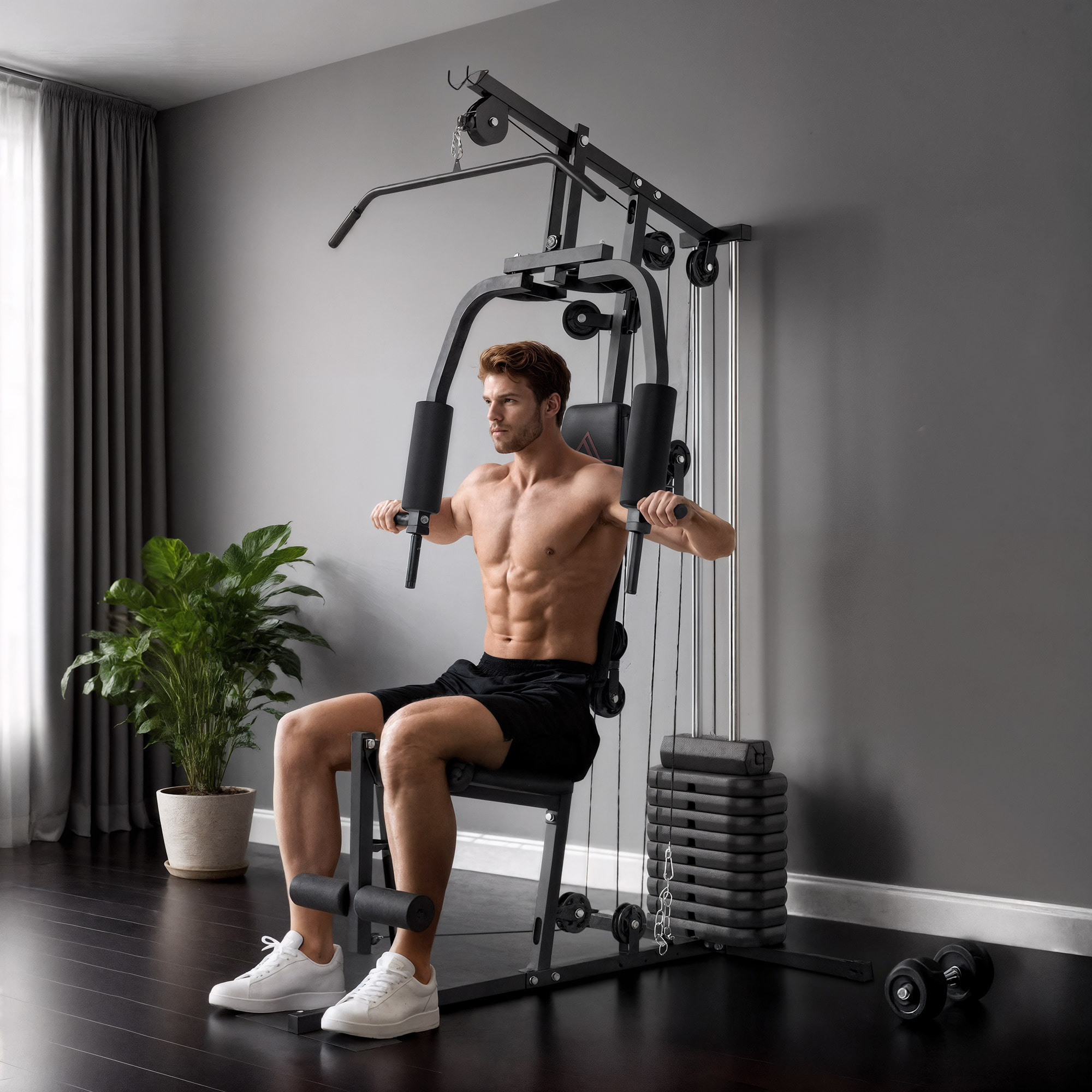 Multiestación Musculación, Máquina de Musculación con Prensa de Pecho, Placas de Peso de 45 kg, Curl de Piernas y Polea Mariposa, Carga 100 kg, para Entrenamiento Casa Gimnasio, Negro