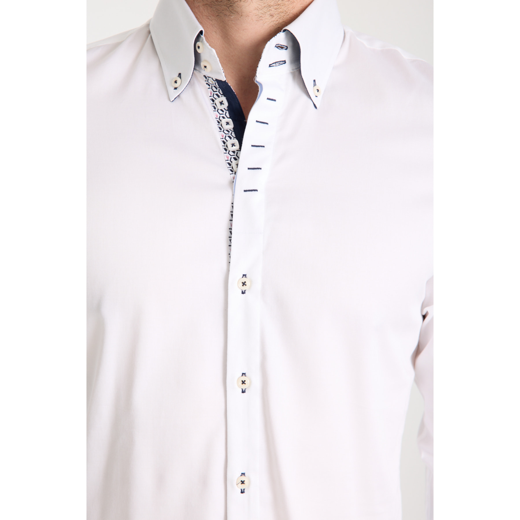 Camicia Uomo 2 Bottoni Button Down Slim Satin Unito Bianco