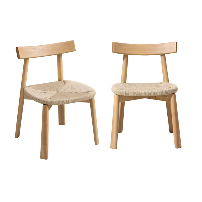 Lot de 2 chaises scandinaves en bois d'hévéa naturel et assise en corde beige