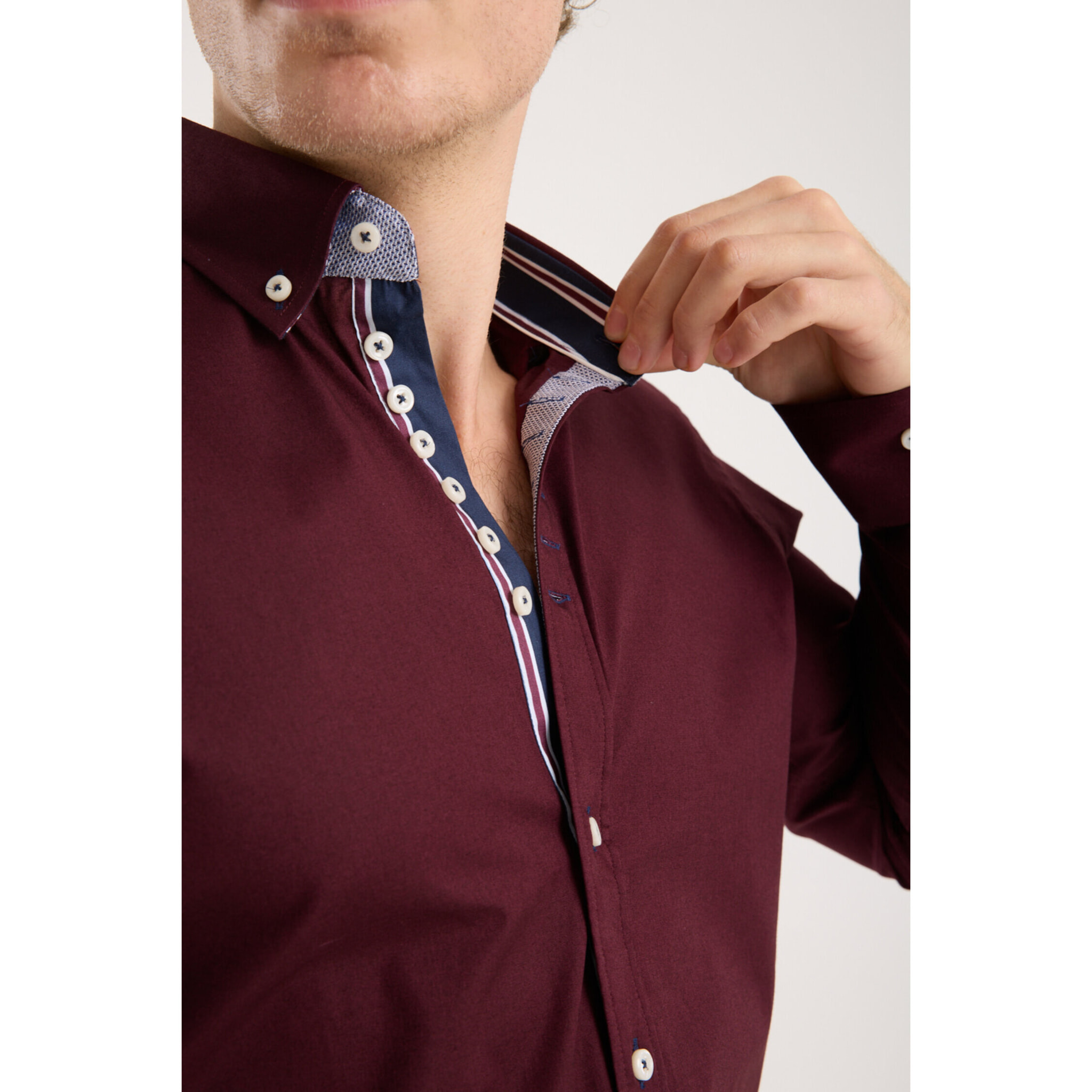 Camicia Uomo 1 Bottoni Button Down Slim Popeline Stretch Unito Bordeaux