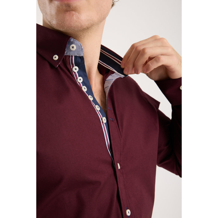Camicia Uomo 1 Bottoni Button Down Slim Popeline Stretch Unito Bordeaux
