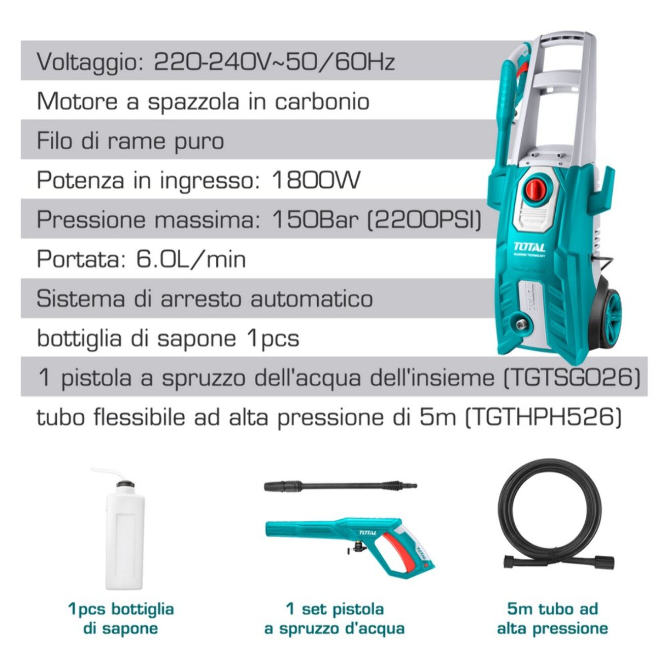 Idropulitrice 1800W - 150bar con Accessori