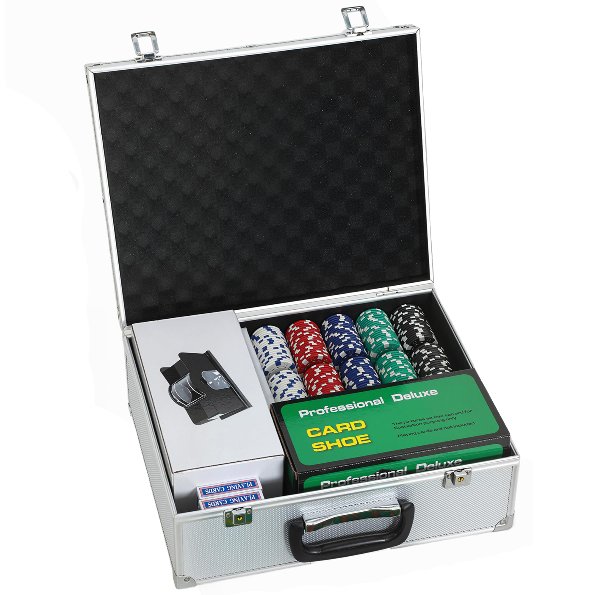 Mallette pro de poker 300 jetons 2 jeux cartes 5 dés 3 boutons sabot mélangeur tapis
