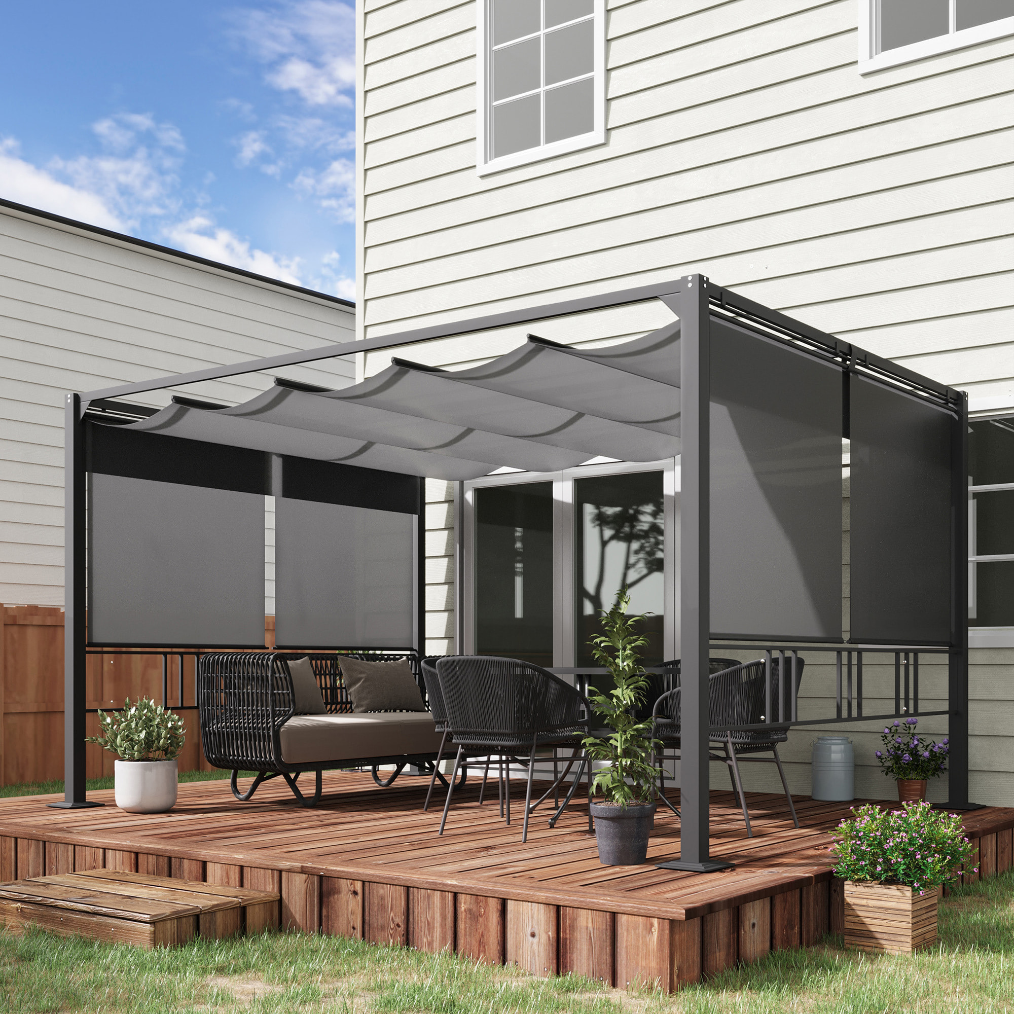 Pergola rétractable 3,9L x 2,9l x 2,2H m structure alu. acier époxy noir double toile polyester haute densité gris