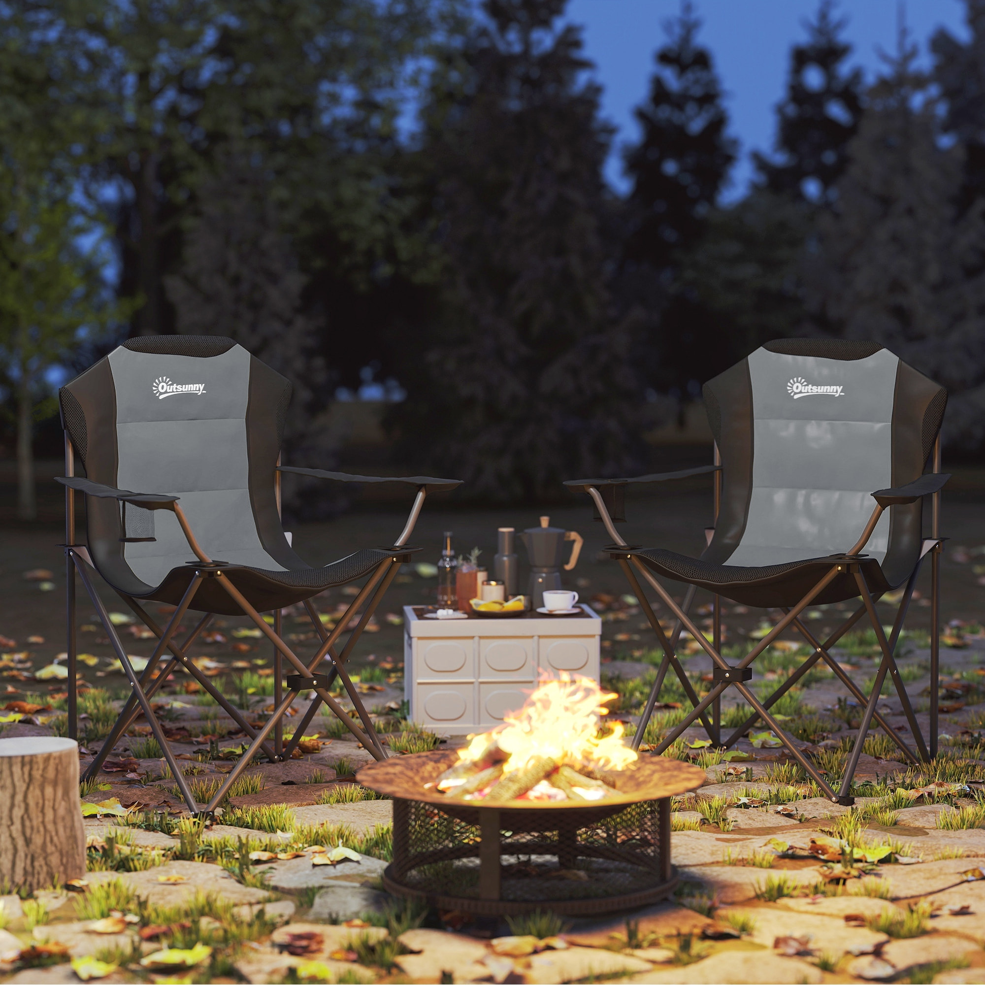 Lot de 2 chaises pliantes rembourrées de camping - porte-gobelet - gris