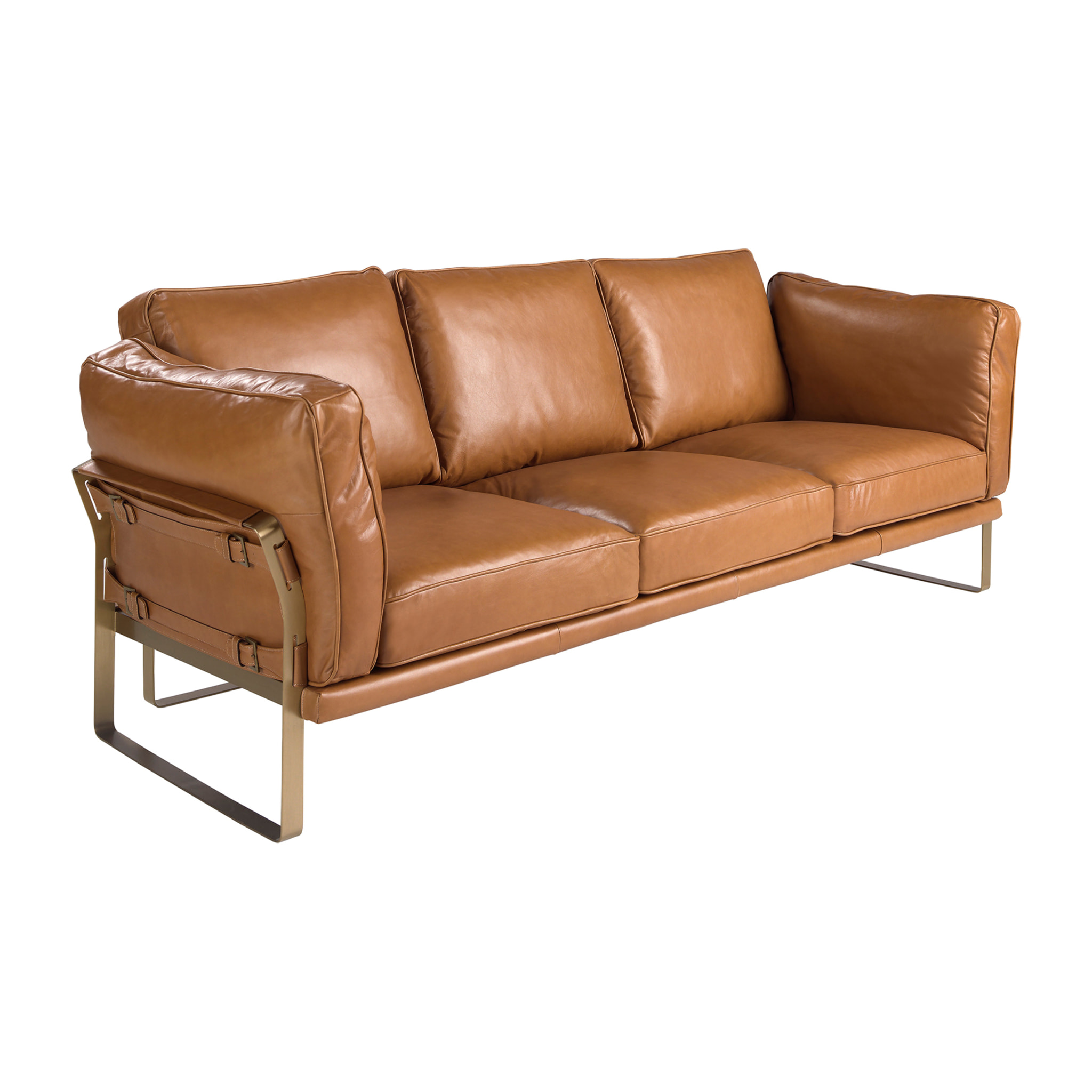 Sofá Angel Cerdá de 3 plazas tapizado en piel de origen vacuno en camel patas de acero inoxidable en dorado 222x90x84cm