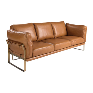 Sofá Angel Cerdá de 3 plazas tapizado en piel de origen vacuno en camel patas de acero inoxidable en dorado 222x90x84cm