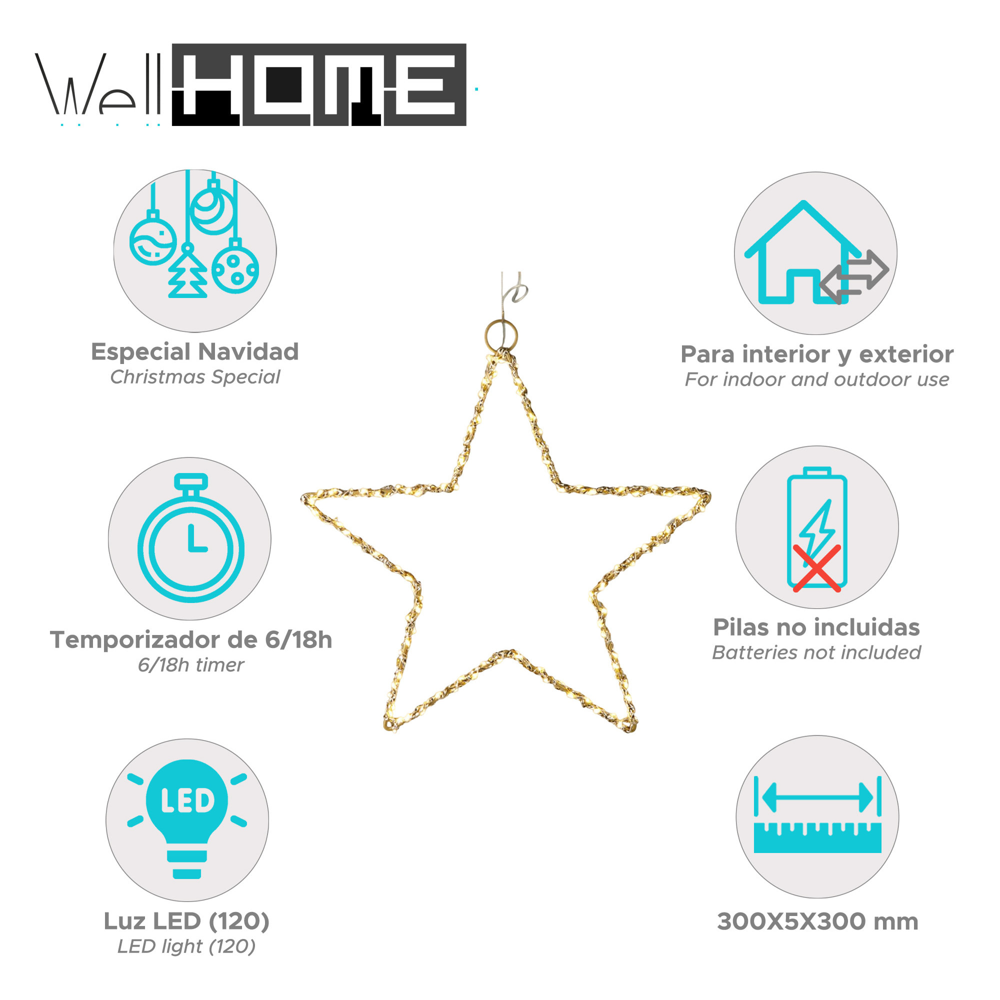 estrellla luminosa de metal dorado con 120 luces led 30x0,5x30cm