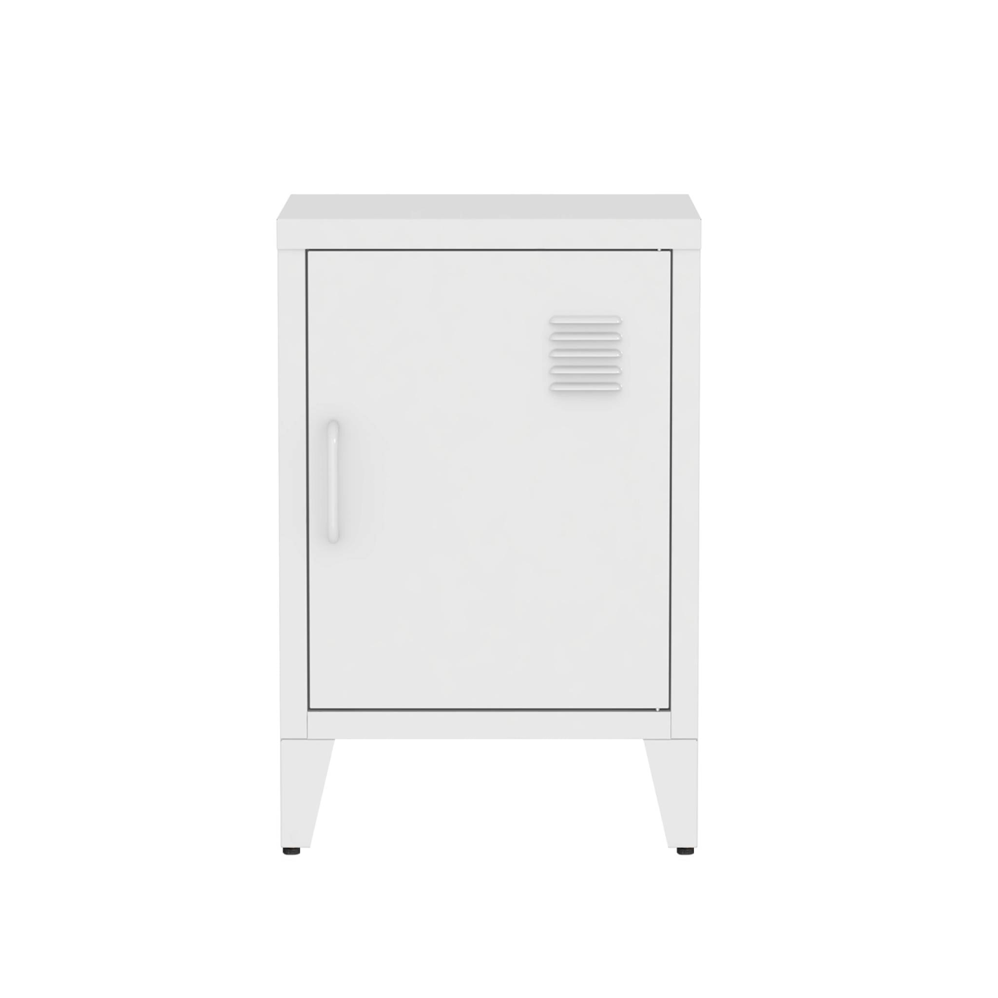 Table de chevet en acier blanc. 1 porte. casier