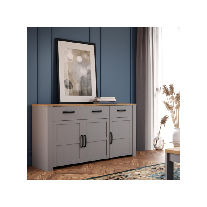 Buffet salon moderne bois gris 3 tiroirs 3 portes L166 cm - ST MALO