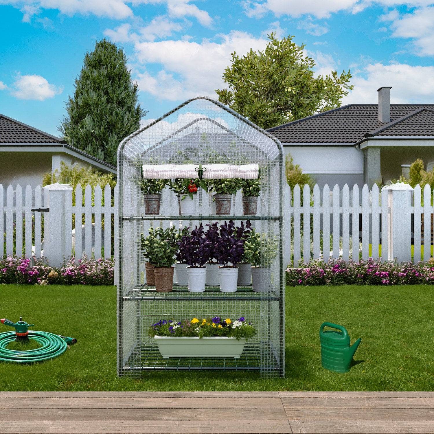 Serra A 3 Ripiani Da Giardino Per Orto Telaio In Acciaio Verniciato Telo In PVC Trasparente Porta Avvolgibile Apertura A Cerniera 69x49x125 Cm