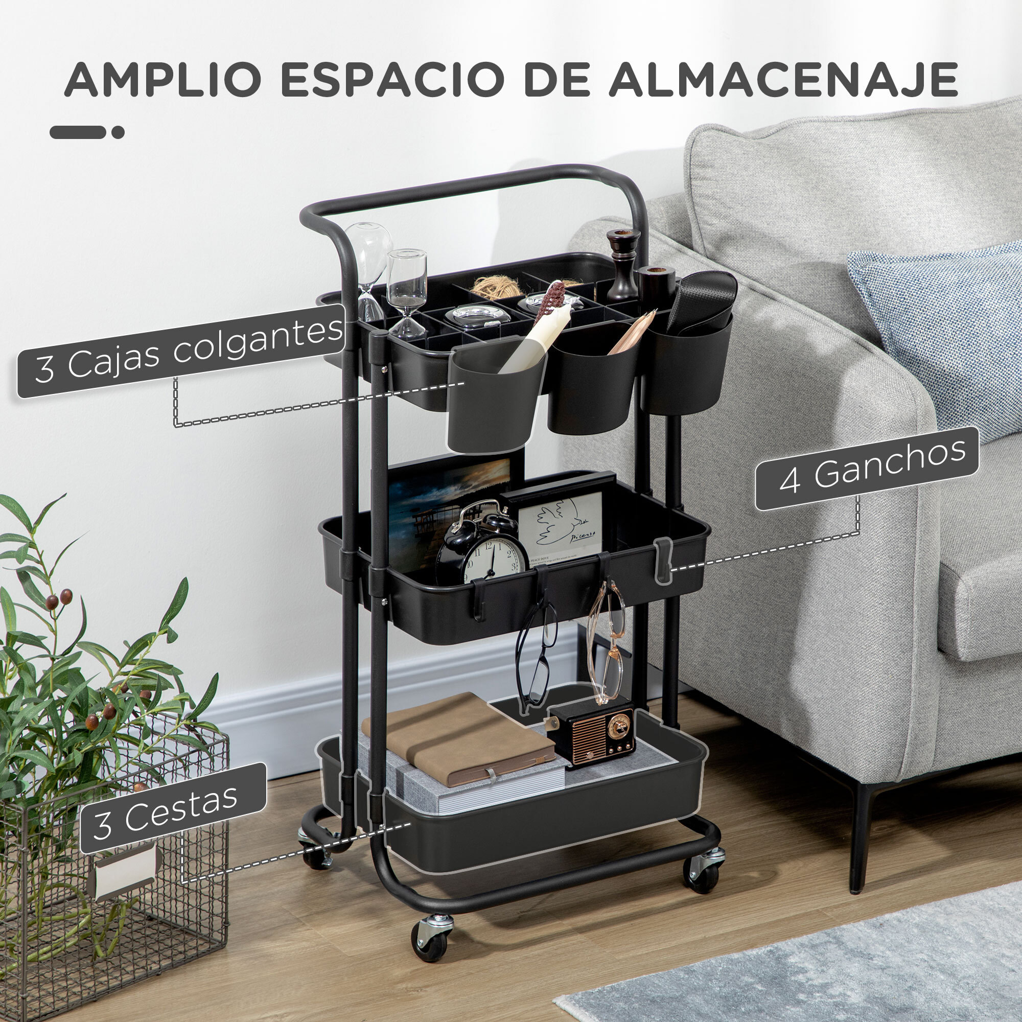 HOMCOM Carrito de Cocina de Acero Carro de Almacenamiento con 4 Ganchos Asa 3 Cestas Extraíbles 3 Cajas Colgantes y Frenos para Baño Salón Dormitorio 42x38x86,5 cm Negro