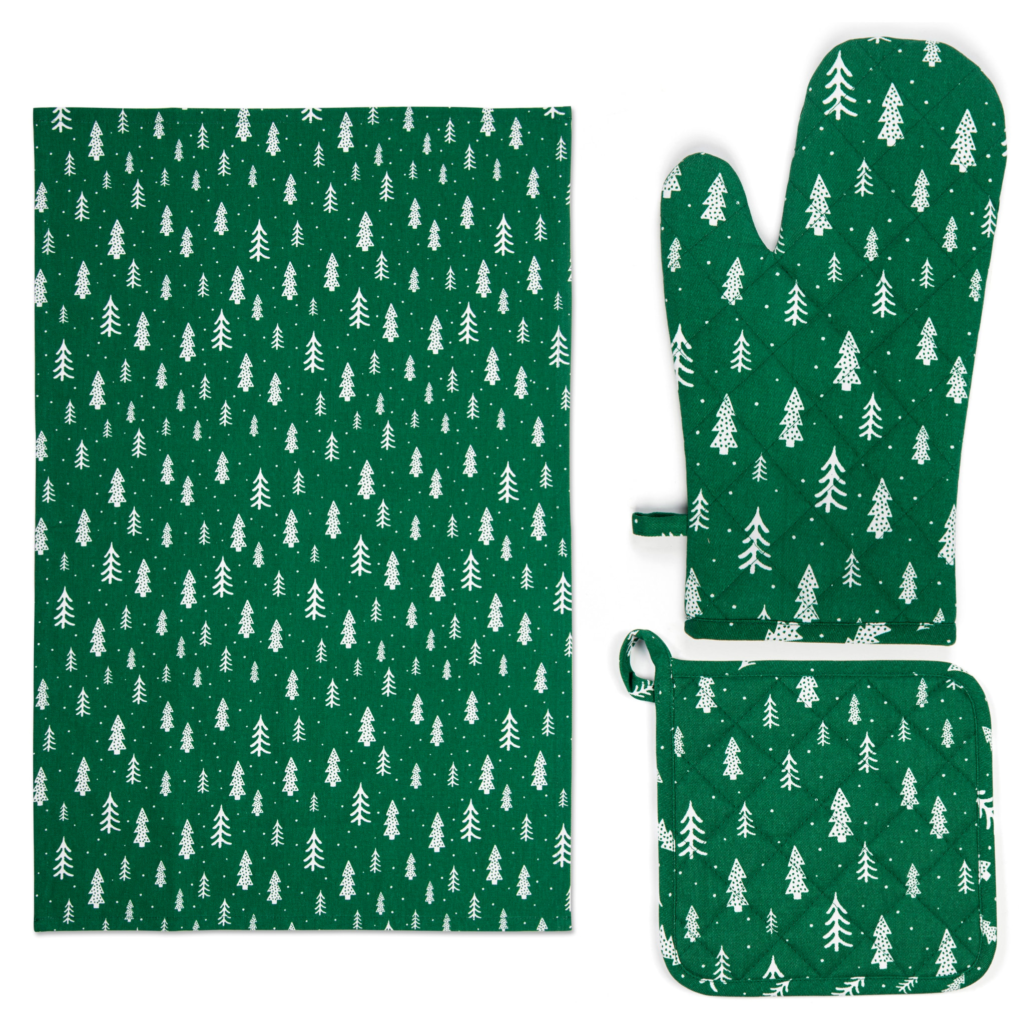 Set canovaccio con presina e guanto da cucina Excelsa – Green Winter, Cotone Verde