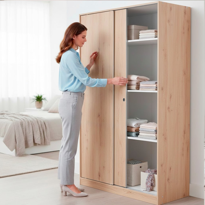 Armadio Guardaroba Con Ante Scorrevoli Salvaspazio 5 Ripiani E Asta Appendiabiti Per Camera Corridoio Cameretta 120 x 50 x 200 Cm Colore Rovere