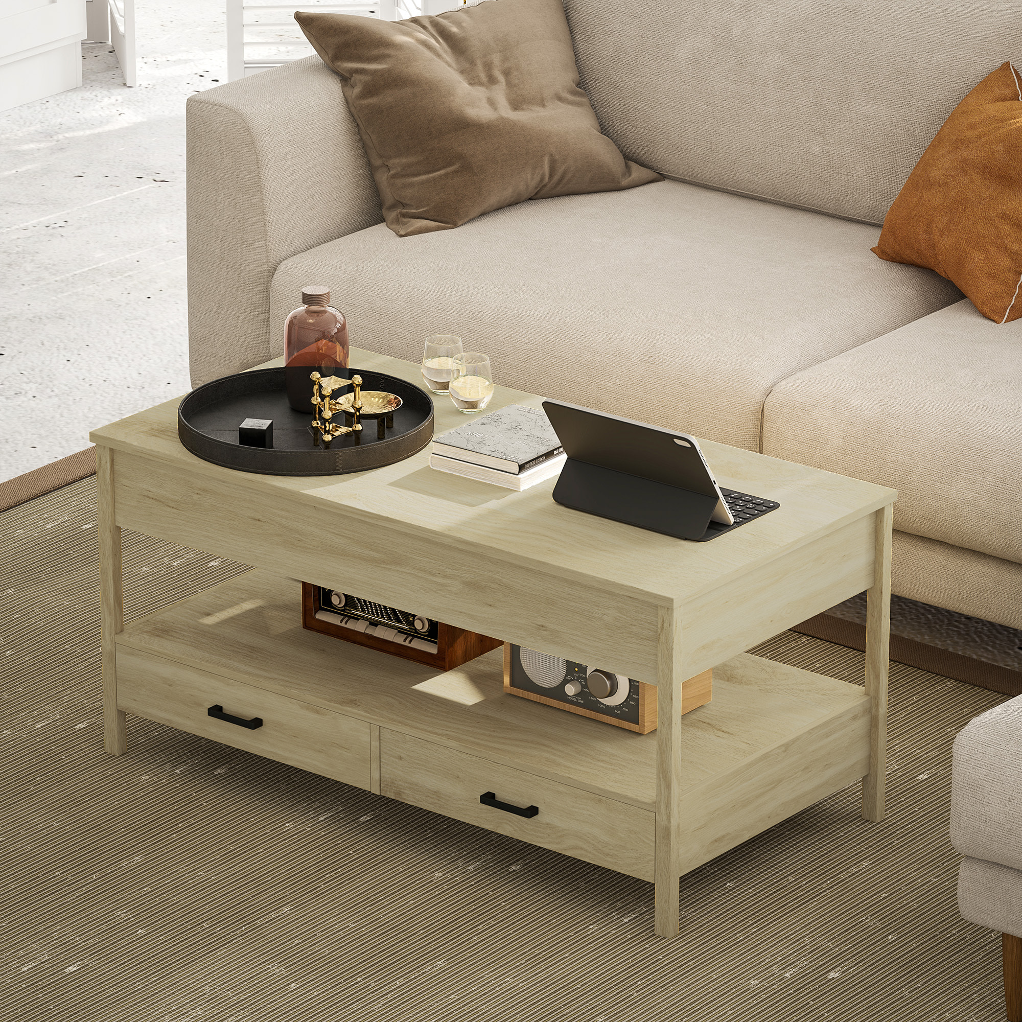 Mesa de Centro Elevable Mesa de Café con Encimera Elevable Espacio Oculto de Almacenaje Cajones y Estante Abierto 100x50x48-62 cm Roble
