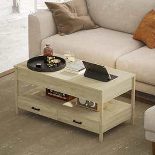 Mesa de Centro Elevable Mesa de Café con Encimera Elevable Espacio Oculto de Almacenaje Cajones y Estante Abierto 100x50x48-62 cm Roble