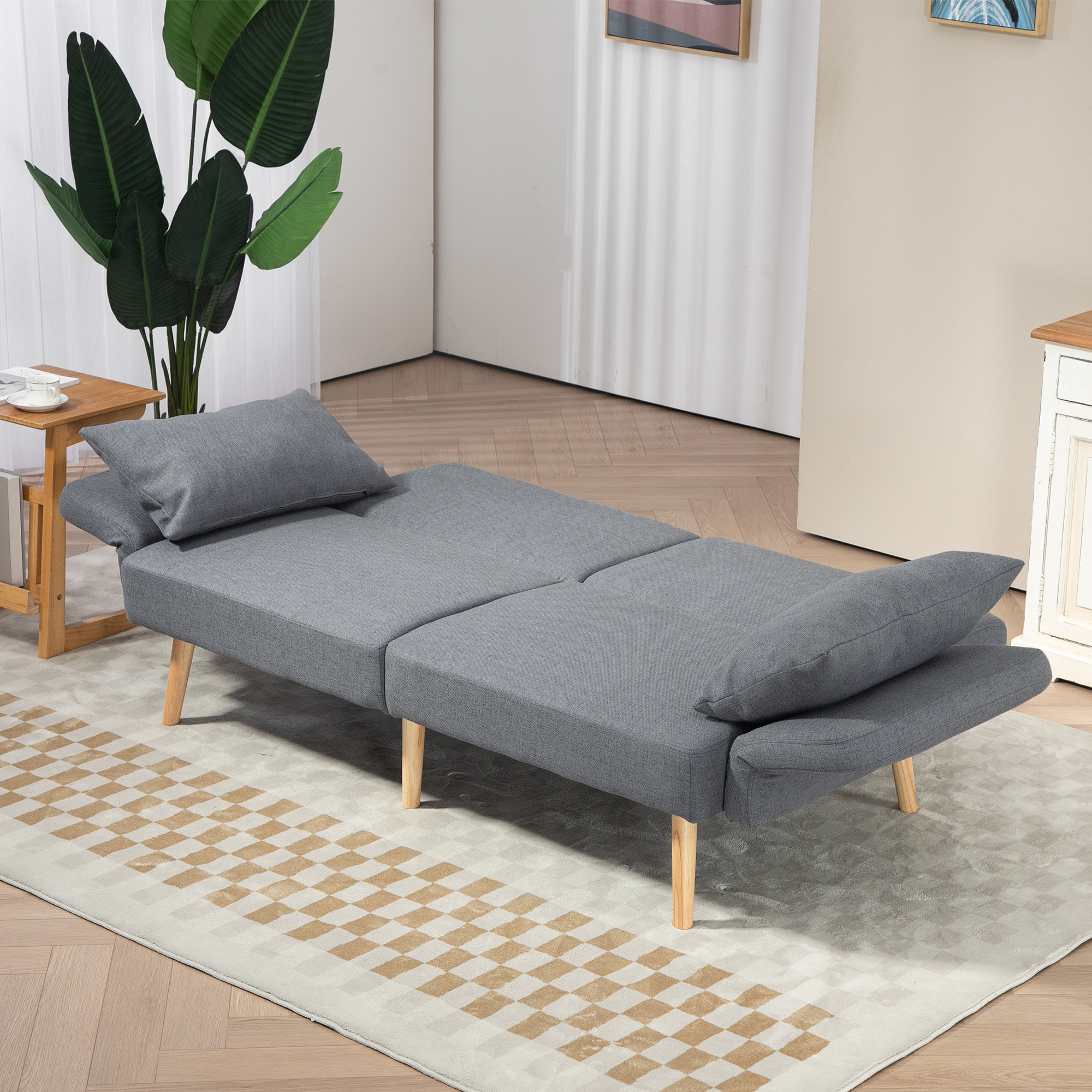 Canapé convertible 3 places design scandinave - dossier inclinable, accoudoirs réglables - 2 coussins déco - tissu gris