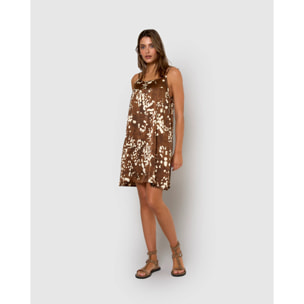 Vestido corto satinado de tirantes animal print roma marrón