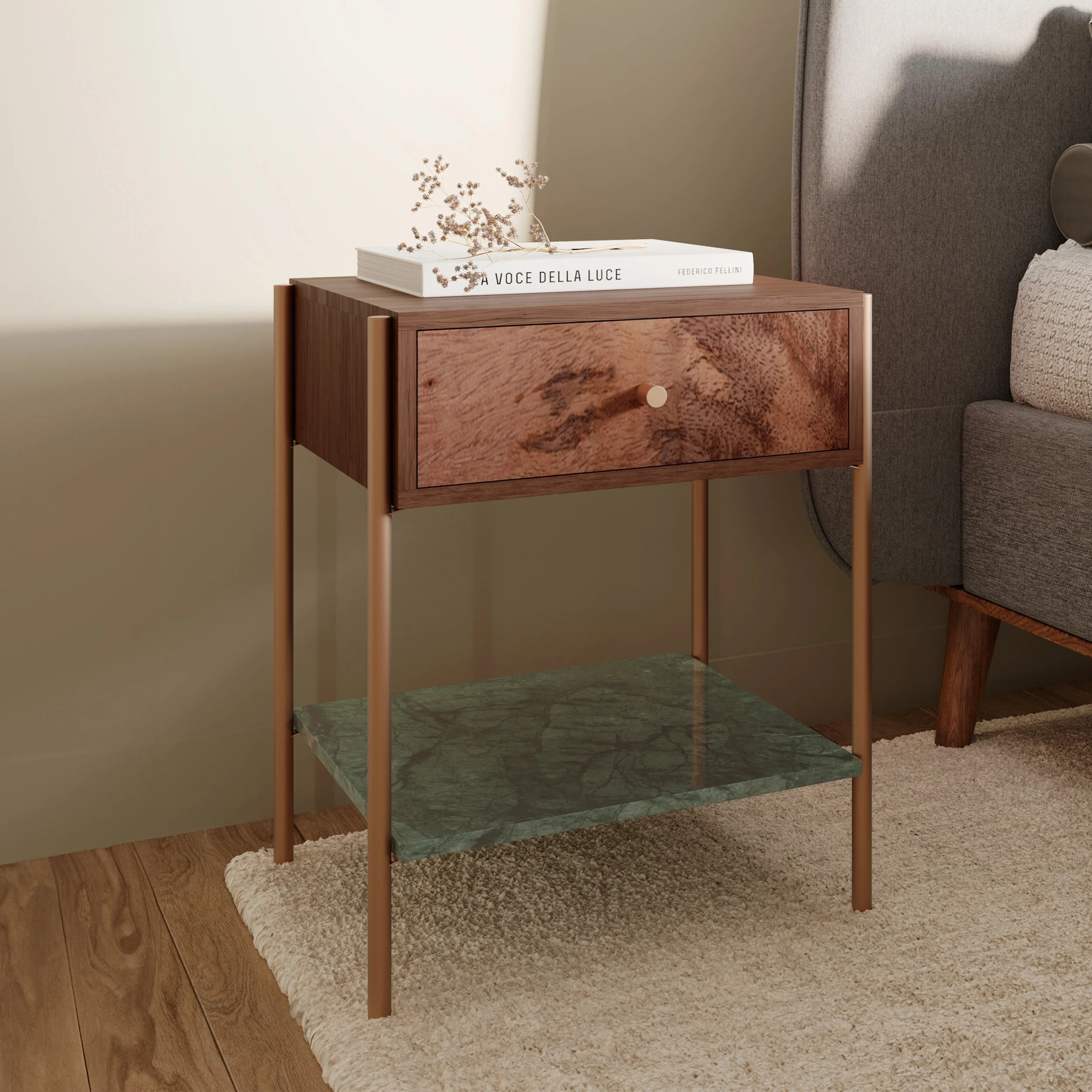 Table de chevet en bois de manguier et marbre vert - Doori