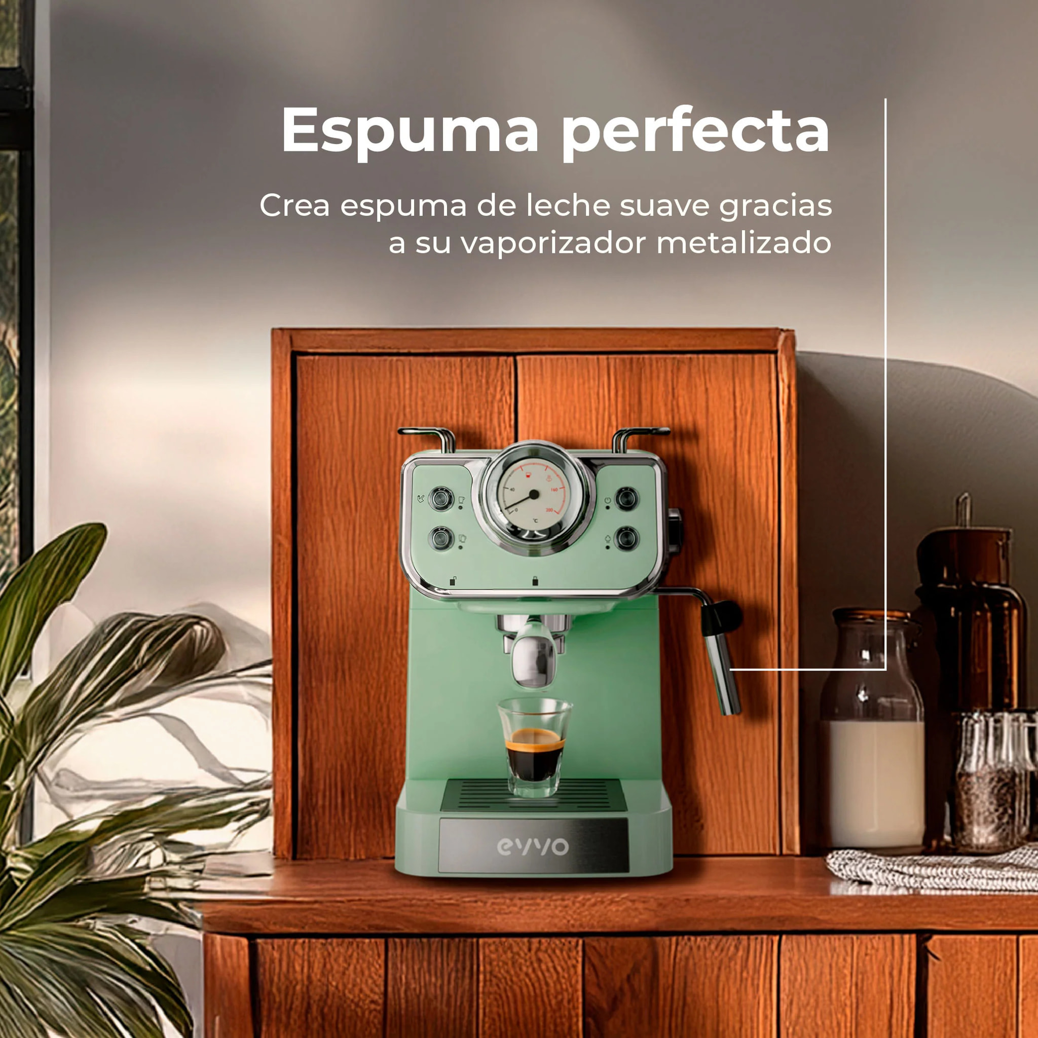 EVVO Cafetera Express Intensa Retro. 15 bares. cuerpo de acero. Espressos y Capuccinos. 950W. Doble salida. Portafiltros. Depósito de 1.5 l. calentamiento rápido