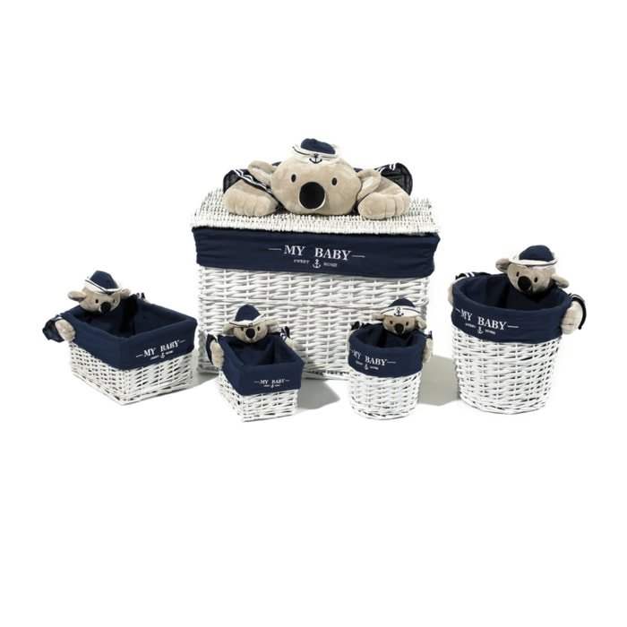 Set 5 cesti in vimini bianco Koala con baule, tema koala blu marino