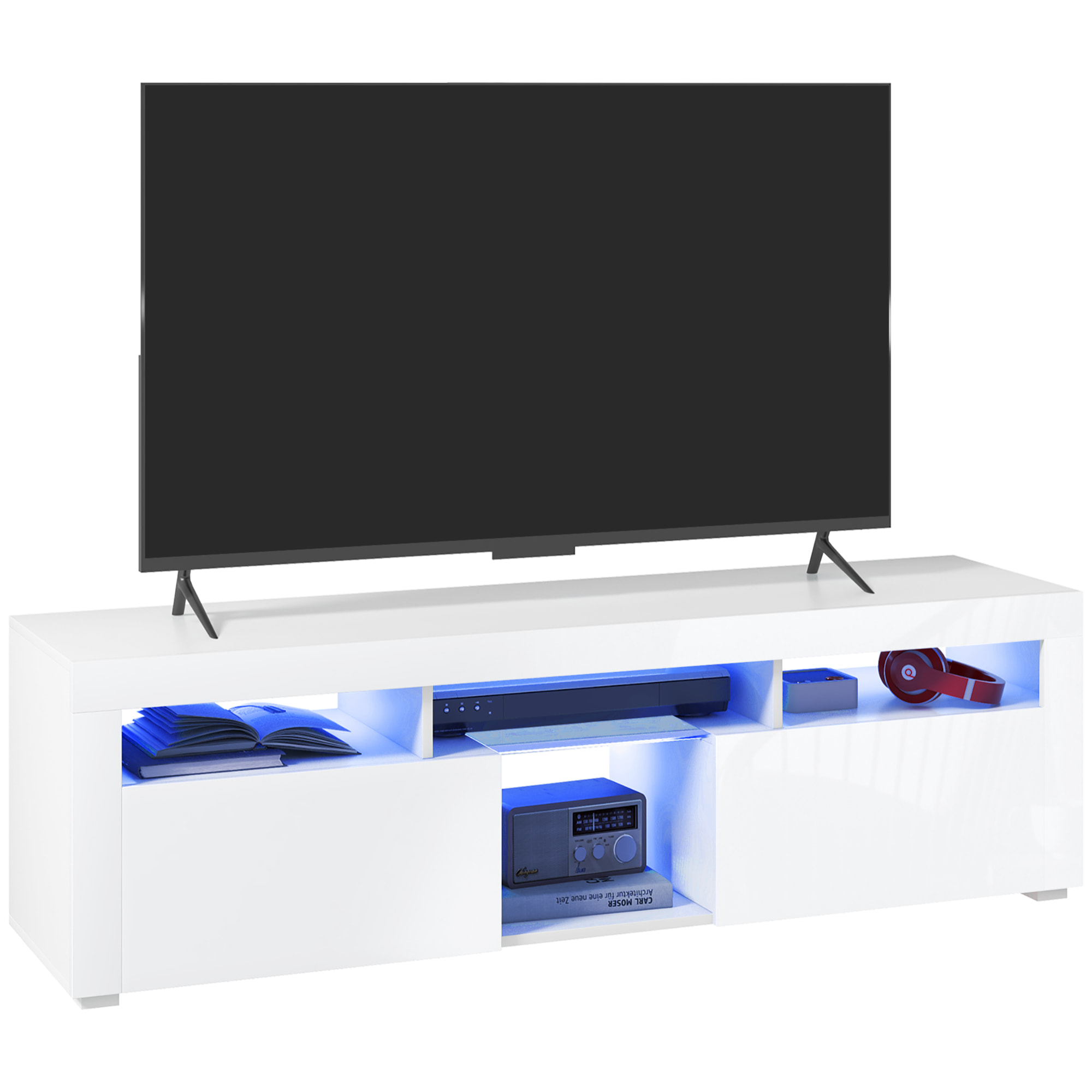 Meuble TV design LED - 55 pouces max. - 2 portes, 4 niches - dim. 150L x 38l x 45H cm - blanc laqué