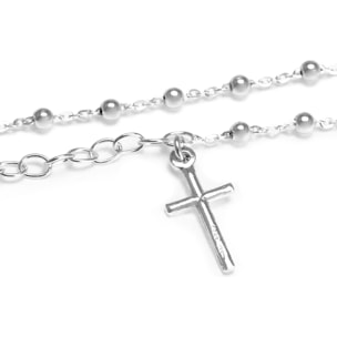 Pulsera Plata de Ley 925.Rosario de 21 esferas talladas.Colgante de Cruz.