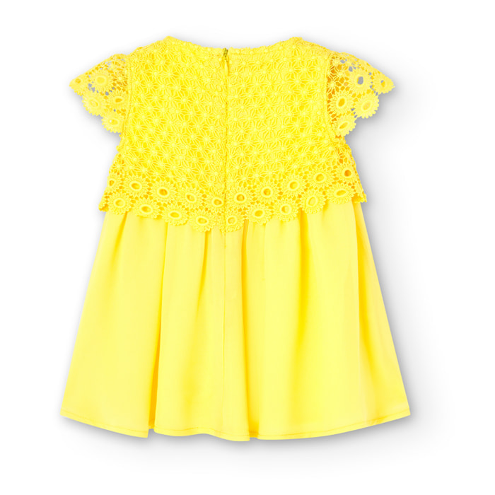 Vestido niña, guipure, cuello redondo, tirantes, amarillo