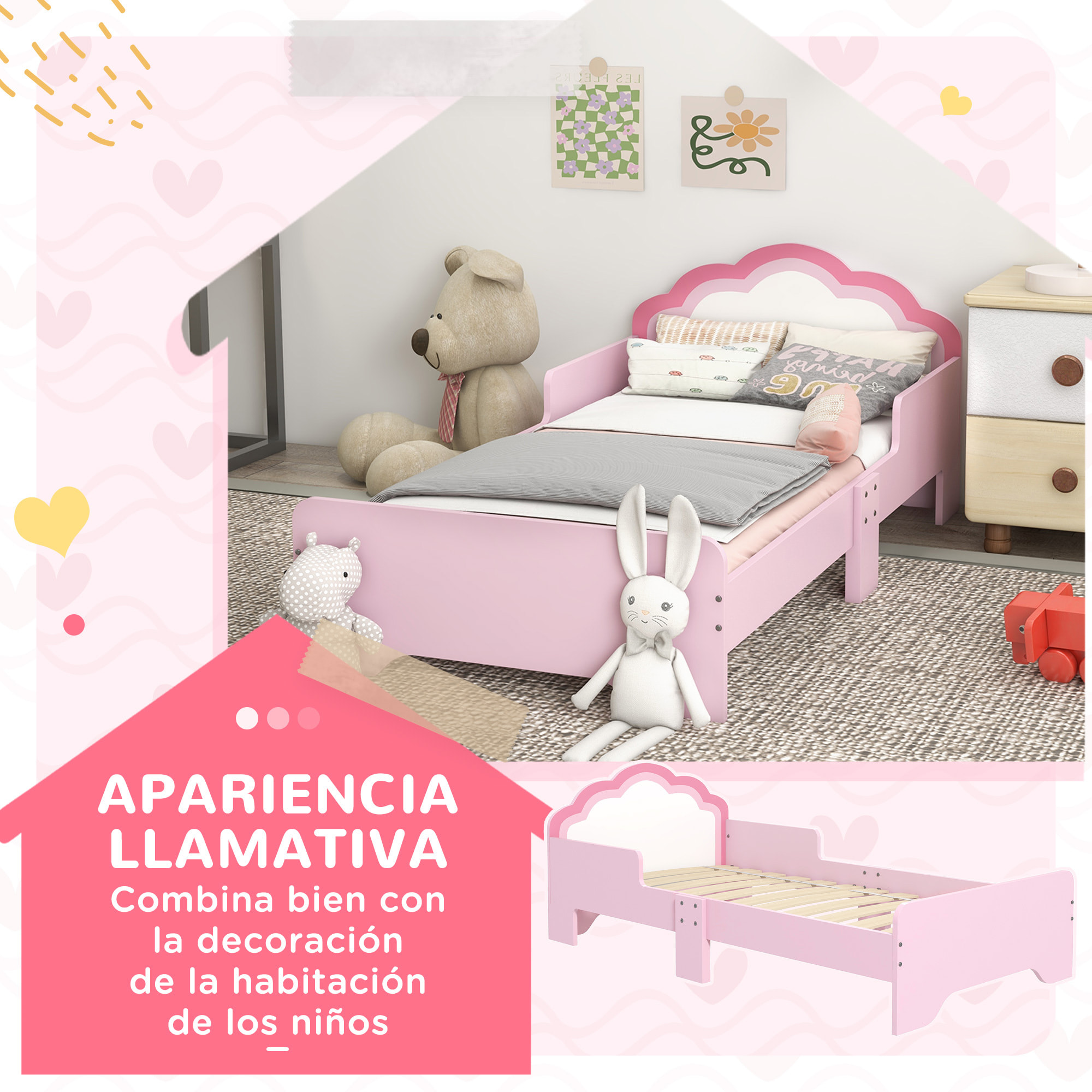 Cama Infantil 70x140 cm, Cama para Niños con Barrera Anticaídas y Somier, Cabecero en Forma de Nube, Rosa