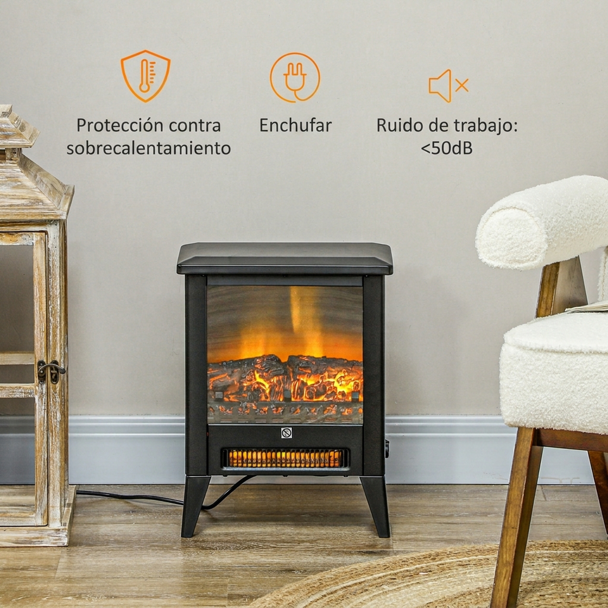 Chimenea Eléctrica, 1800W, Chimenea Decorativa Independiente, Efecto de Llama LED, Bajo Ruido, Protección contra Sobrecalentamiento, para 30 m², Sala, Dormitorio, Negro