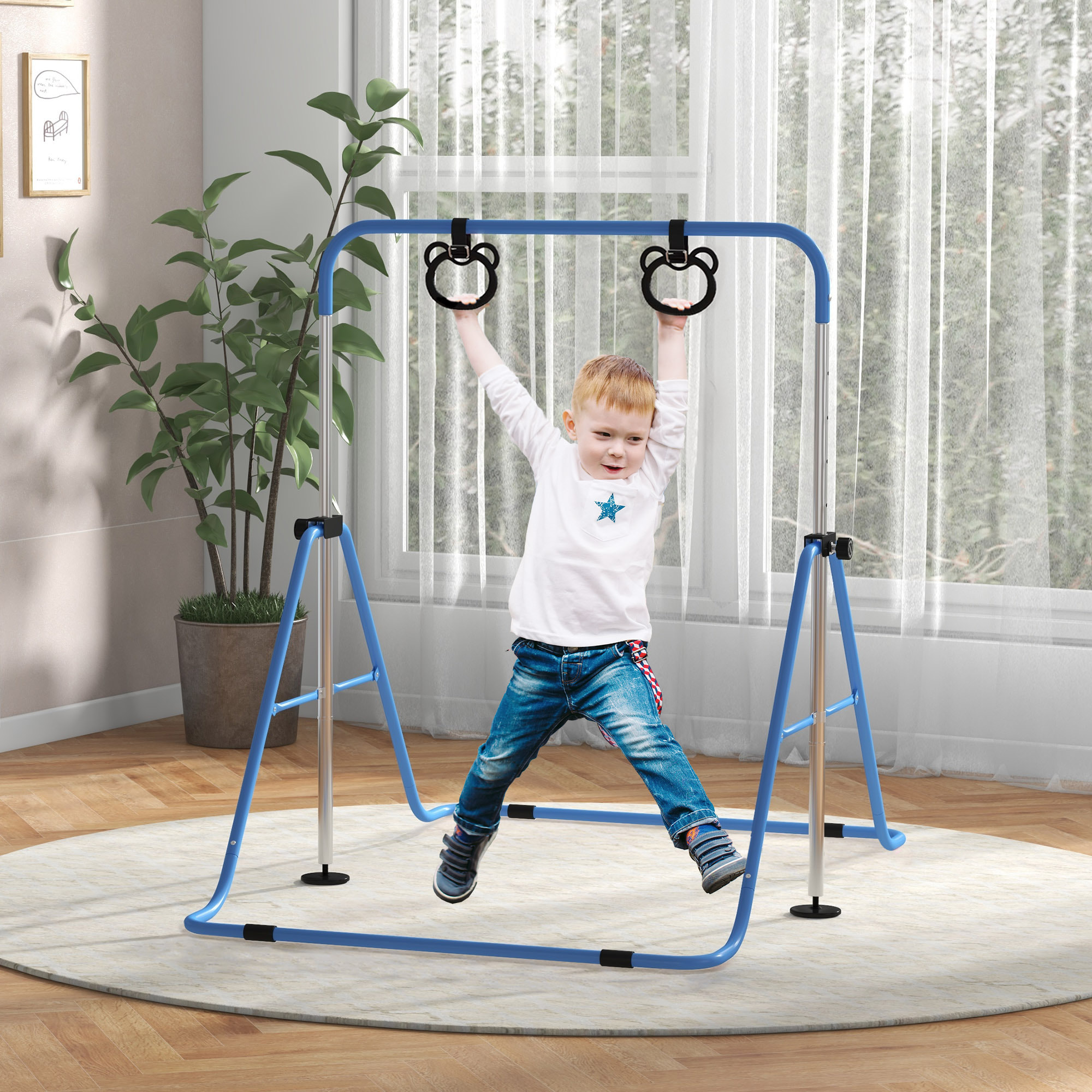 Barra de Gimnasia para Niños con Altura Ajustable en 5 Niveles y Anillos, Barra de Entrenamiento de Gimnasia Plegable en Casa, Azul
