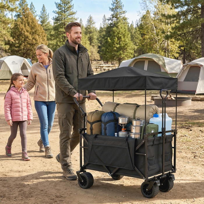 Carro Playa con Ruedas Grandes con Freno, Techo Extraíble, Carro Plegable para Jardín con Barra Ajustable, Portavasos y Bolsillos, Carga 100 kg, para Todo Terreno, Campaña, Compras, Negro