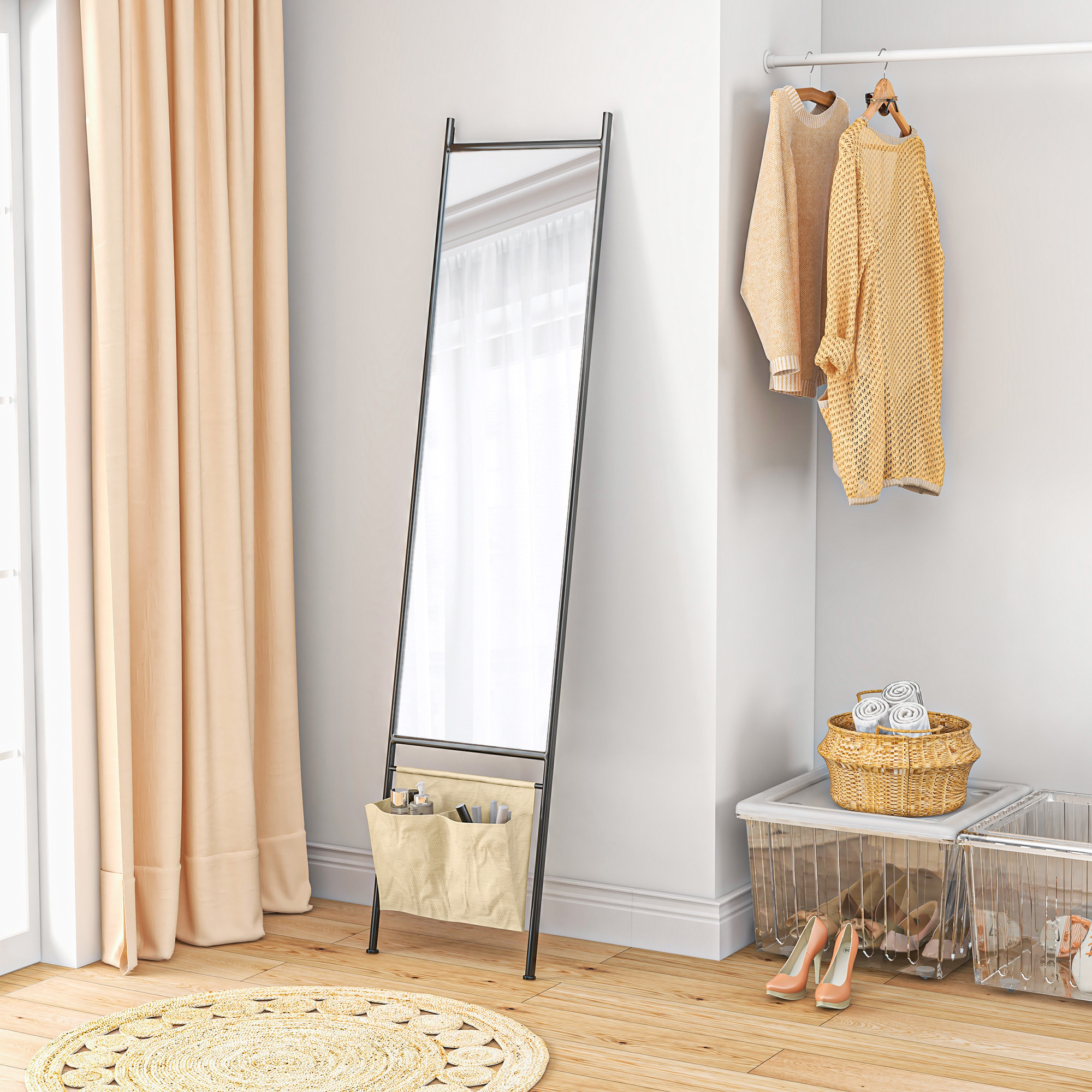 Miroir rectangulaire sur pied dim. 56L x 2l x 190H cm - 2 pochettes rangement - métal noir