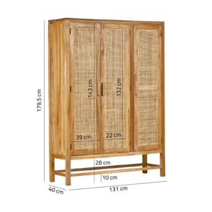 Armoire haute 3 portes en rotin et bois massif de teck - LINA