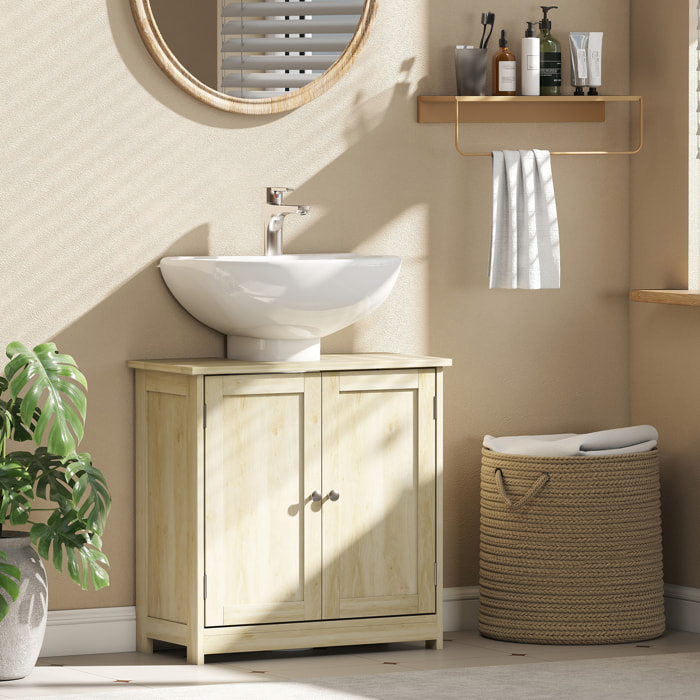 Meuble vasque - meuble sous-vasque - 2 portes rainurées avec étagère réglable - poignées métal chromé - dim. 60L x 30l x 60H cm - naturel