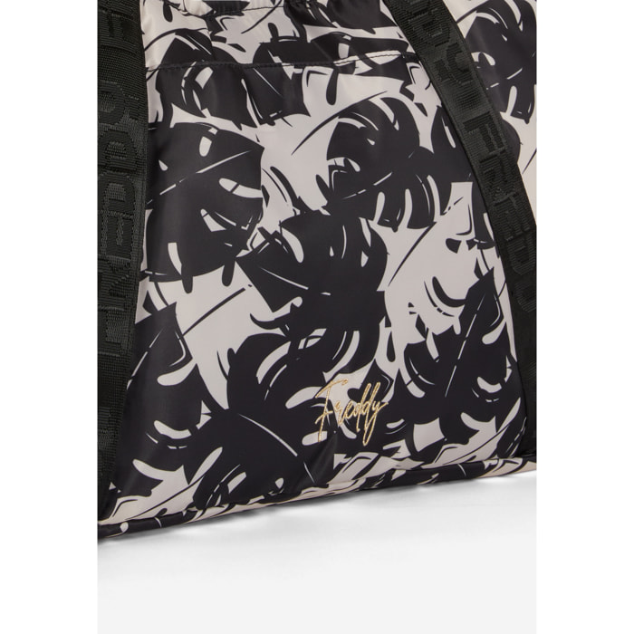 Borsa shopper fantasia foliage bicolore con manici logati