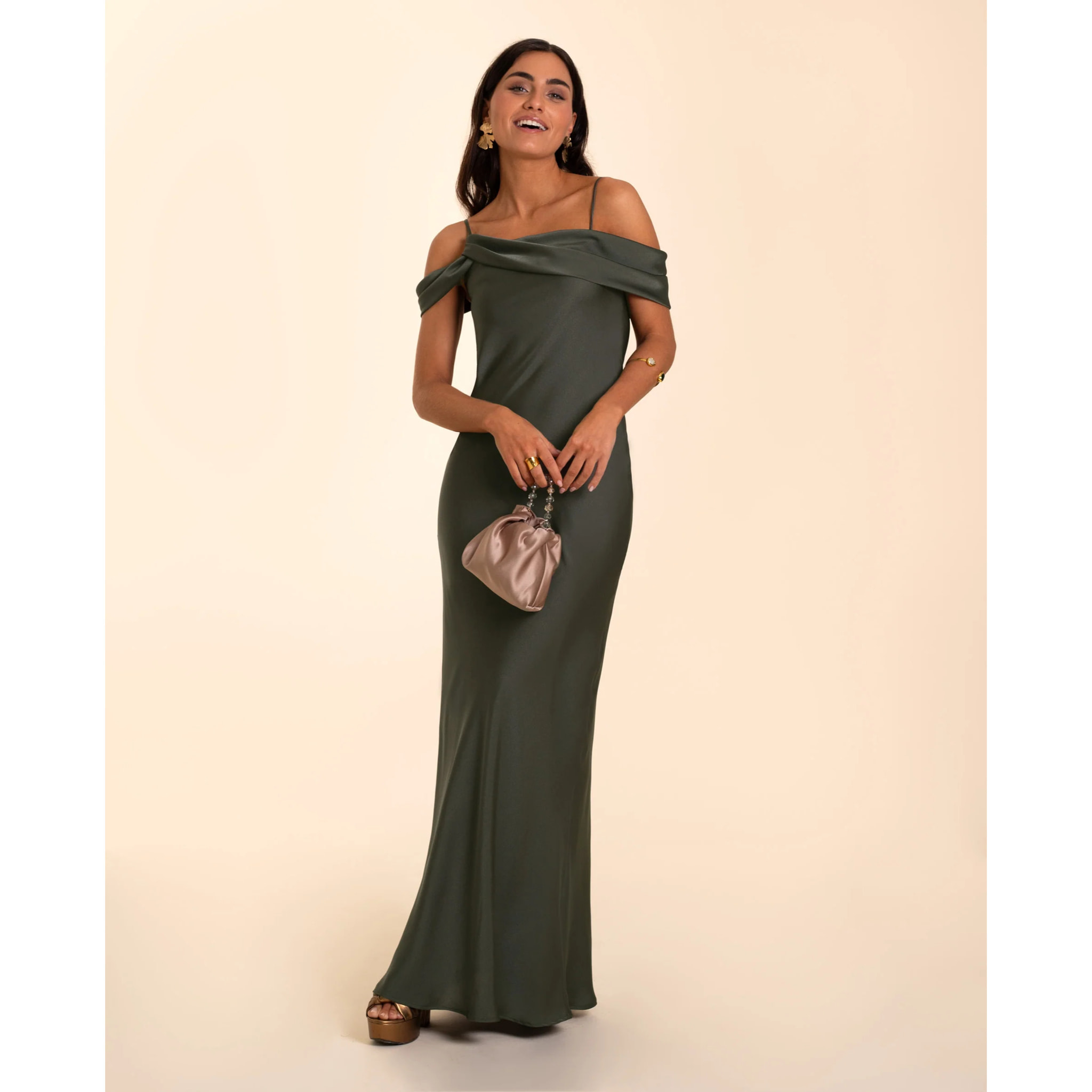 Vestido largo escote drapeado