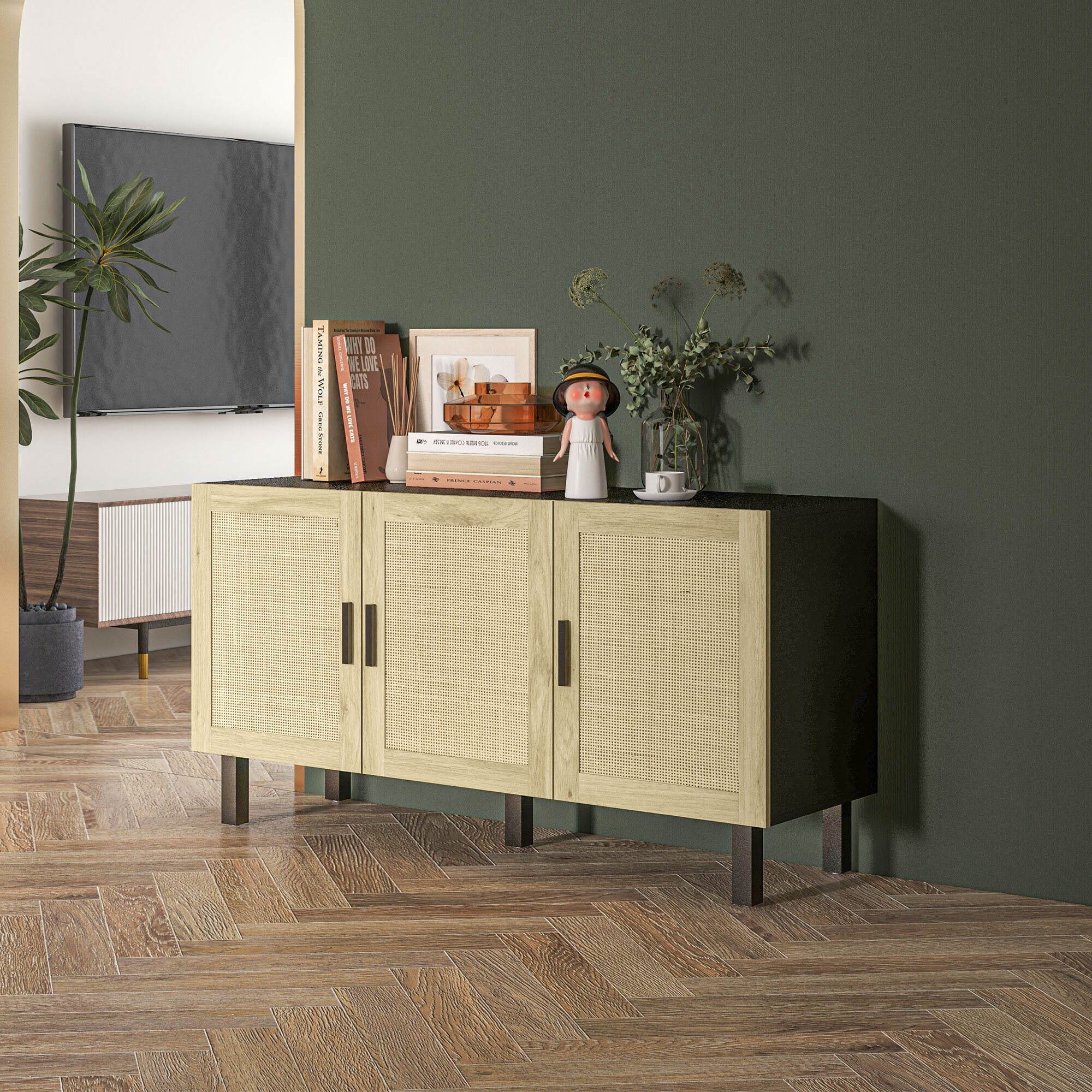 Buffet 3 portes style bohème chic cannage en rotin panneaux aspect bois clair noir